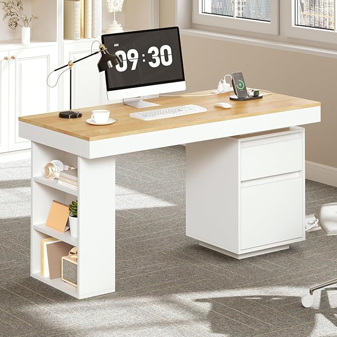 55'' Modern Executive Desk with Drawers Set of 2 Wooden Computer Desk with File Drawer and Charging Station 3-Tier Open Side Shelf for Home Office and Living Room Natural and White