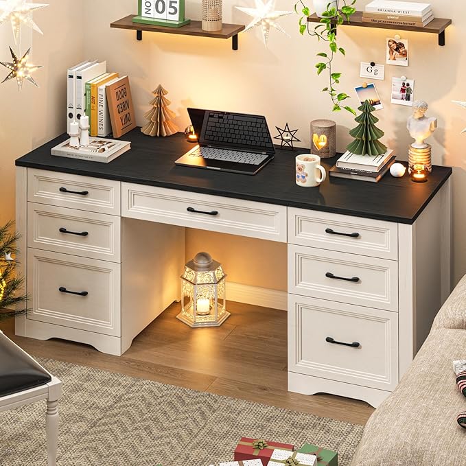 Farmhouse Executive Desk Wood Home Office Desk with 2 Large File Drawers and 5 Storage Cabinets Rustic Writing Desk for Work and Study Black