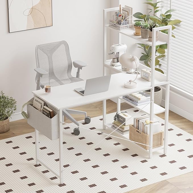 Treesland 55 Inch Computer Desk with Bookshelf Corner Desk with Storage L Shaped Desk Home Office Desks Writing Study Desk for Bedroom White