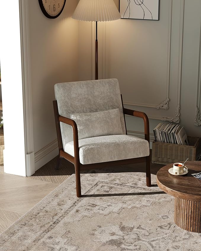 GarveeHome Mid-Century Accent Chair Cozy Wide-Wale Corduroy Reading and Lounge Armchair with Lumbar Pillow Modern Wood Frame for Living Room Bedroom Office Beige