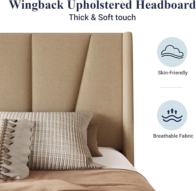 Allewie Full Size Platform Bed Frame with Geometric Wingback Headboard Boho Upholstered Bed with Wooden Slats Support No Box Spring Needed Easy Assembly Beige