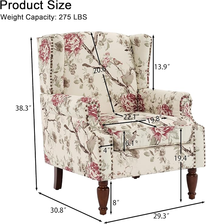 Floral High Back Accent Chair Upholstered Armchair with Solid Wood Legs Comfy Wingback Reading Single Sofa Chair for Small Spaces Living Room Bedroom(Floral Beige Set of 2)