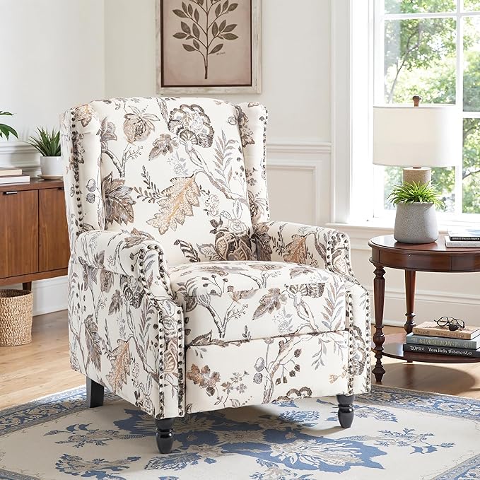 Recliner Chair Upholstered Wingback Floral Pushback Armchair with Adjustable Backrest &amp Footrest Comfy Accent Chair for Small Spaces Living Room Bedroom (Plants Beige Set of 1)