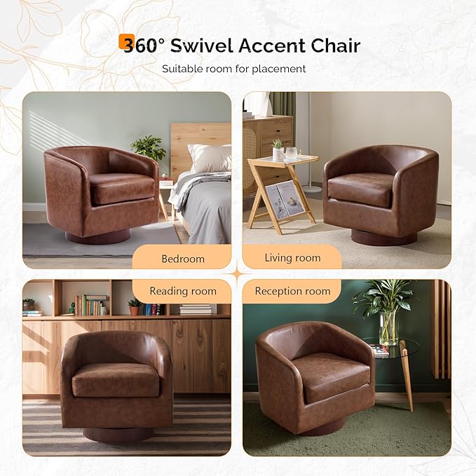 VINGLI 360°Swivel Accent Chairs Set of 2 with Engineered Wood Base and Removable Cushion for Living Room Bedroom Curved Back Barrel Chairs for Small Space Upholstered Bucket Armchairs Pu-Brown