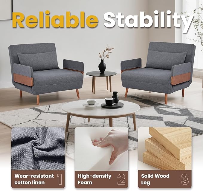 2 Sets 34 Convertible Sleeper Chairs 3-in-1 Chair Bed Sleeper for Adults with Adjustable Backrest Pillows &amp Wooden Arms 2 Piece Sofa Bed Sets for Living Room Apartment Office Gray