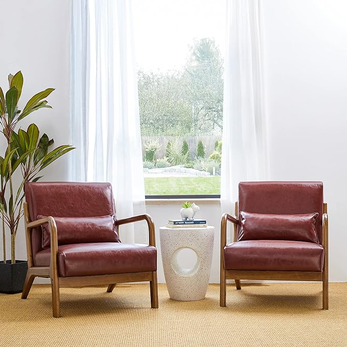 Glitzhome 2 Set Mid Century Red Accent Armchair Single Reading Armchair PU Leather Lounge Chair with Walnut Ruberwood Frame