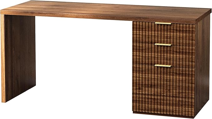TIQLAB 55 One-Whole Piece Modern Executive Desk with Drawers Home Office Desk with File Cabinet for Letter&ampA4 Size Computer Writing Desk for Study Living Room Bedroom Black Walnut