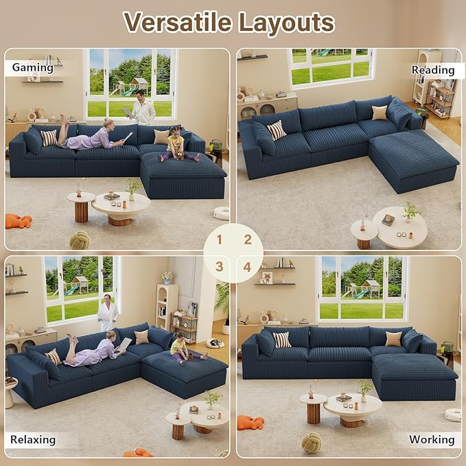 Modular Sectional Sofa Corduroy Plush L Shape Cloud Couch Modern Deep Seat Boneless Couches for Living Room Large Compression Sofas Luxury Fluffy Couchs Sectionals Blue