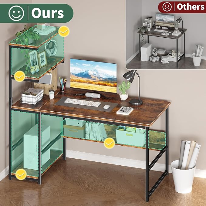 ALISENED 47 Inch Computer Desk with 4-Tier Storage Shelves Modern Large Office Desk Computer Table Studying Writing Desk Workstation with Bookshelf and Tower Shelf for Home Office