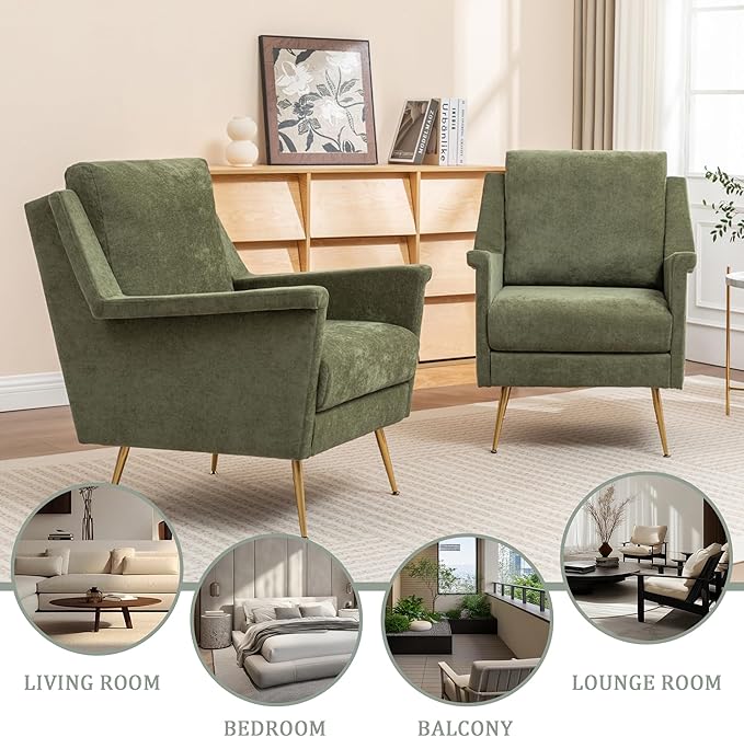 Accent Chair Mid Century Modern Living Room Chairs with Gold Metal Legs Green Wingback Arm Chairs for Bedroom Fabric