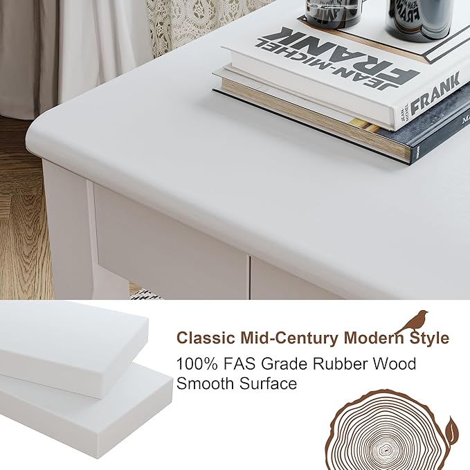 Solid Wood Desk with Drawers - 39 x 16 Inch Narrow Desks Mid Century Modern Desks Rubber Wood Study Table Small Writing Desk for Small Spaces|Bedroom - White