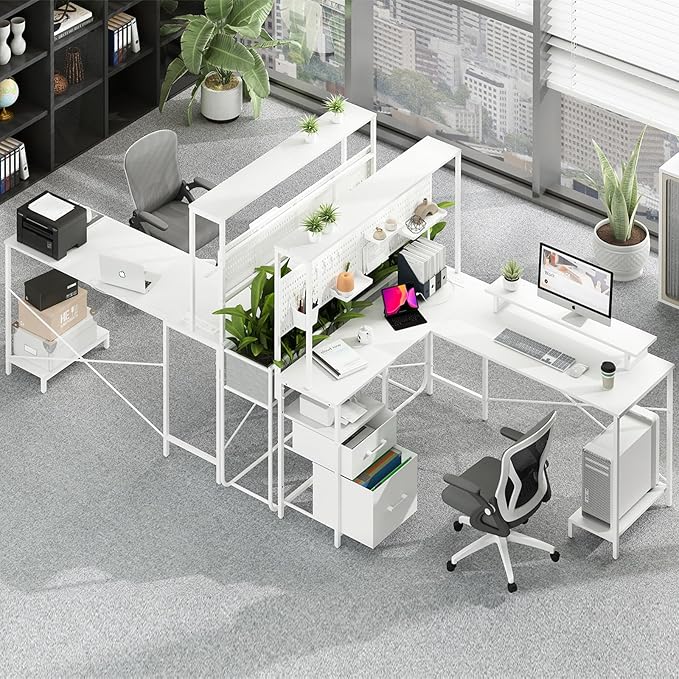 Yoobure L Shaped Gaming Desk with Pegboard Reversible Computer Desk with Drawers &amp Storage Shelves LED Lights &amp Power Outlets Office Desk with Monitor Stand Corner Desk Home Office Desks