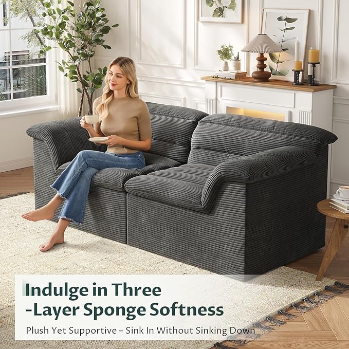 88 Sofa with Deep Seats Oversize 3 Seater Cloud Couches Upholstered Corduroy Couch for Living Room Bedroom No Assembly Required Dark Gray