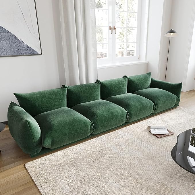 JACH Mid-Century Modern Large 4 Seater Couch Chenille Sectional Sofa 4 Seats Modular Couches with Thick Cushion 130 Plush Sofas Furniture for Living Room Bedroom Office Apartment Green
