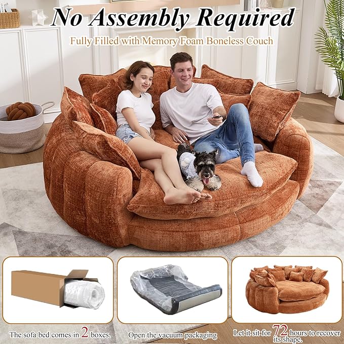 81'' Cloud Couches for Living Room Comfy Circle Round Couch Bed with 14 Pillows Upholstered Boneless Couch Oversized Chaise Lounge Chair Indoor Extra Wide Round Daybed Floor Sofa (Orange)