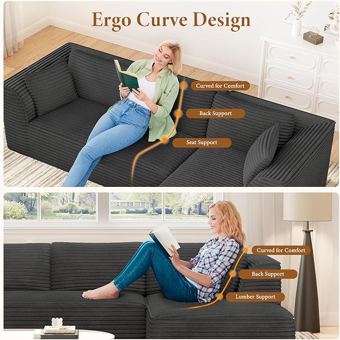 Vesgantti 106 Cloud Couch with Chaise Deep Seat Fluffy Modular Sectional Sofa Corduroy Memory Foam Boneless Couches for Living Room Bedroom No Assembly Required (Grey Right-Facing Chaise)