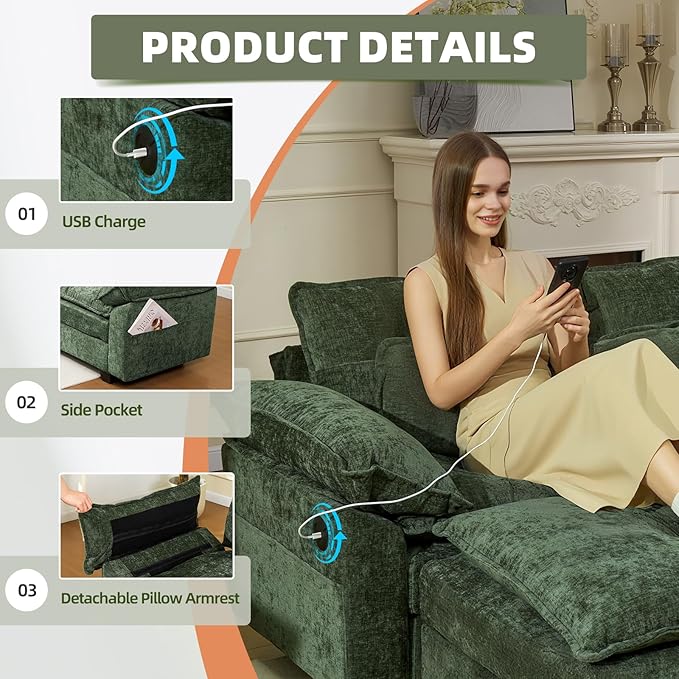 108 Modular Sectional Sofa Comfy Cloud Couch with Ottoman &amp USB Port for Living Room L Shaped Modern Chenille Couches with Throw Pillows for Bedroom Apartment Green