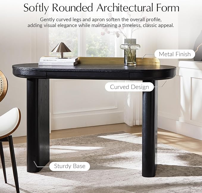 HULALA HOME 47 Modern Executive Desk with Storage Writing Desk with Rounded Legs &amp Curved Apron Home Office Desk with Divider Drawers Black