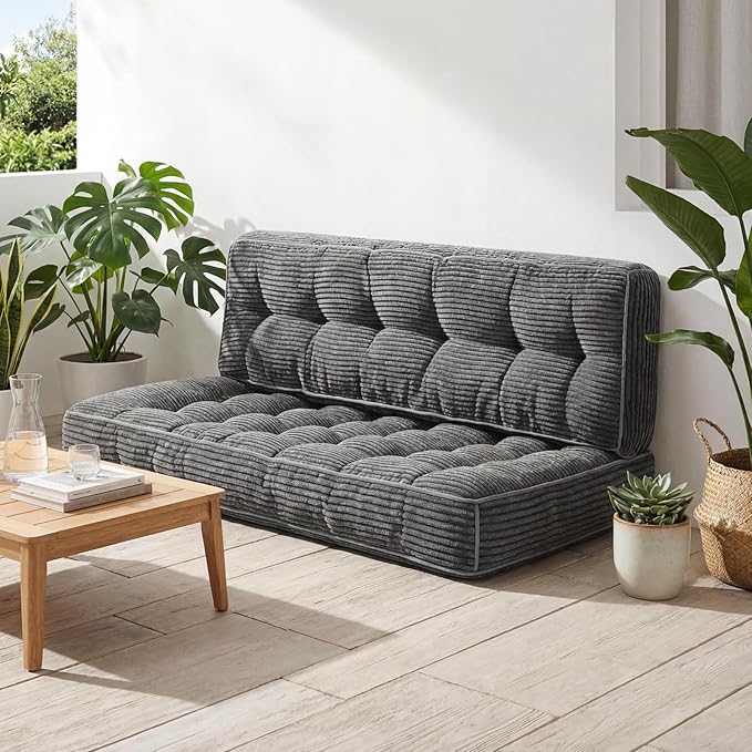 63 Inch Folding Bench Cushion 4 Inch Thick 2-in-1 Convertible Long Floor Lounger Boneless Cushions Couch Mattress Upholstered for Yoga Reading Sleeping Meditation Living Room(Dark Grey)
