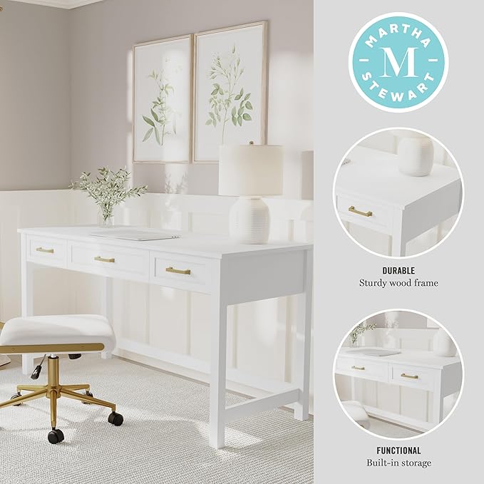 Martha Stewart Hutton Shaker Style Home Office Desk with 3 Drawers in White with Polished Brass Hardware