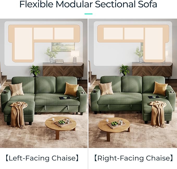 LINSY HOME Pull Out Sleeper Sofa Sectional Couches for Living Room L Shaped Plush Corduroy Couch with Storage&ampUSB Charging Convertible Cloud Sectional Sofa Bed for Apartment Green
