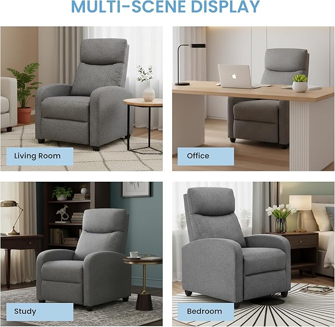 Simple Deluxe Recliner Chair - Adjustable Push Back Fabric Recliner Perfect Reading Chair &amp Sofa Chair for Living Room Chairs or Bedroom Chair Single Recliner for Home Theater Grey