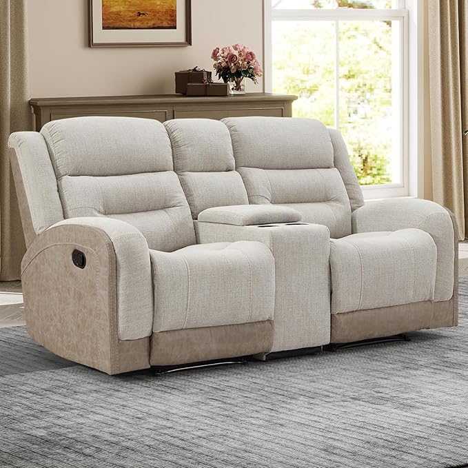 EBELLO Loveseat Recliner with Center Console Soft Fabric 2-Seater Manual Recliner Sofa Hidden Storage &amp Cup Holders Wall-Hugger Reclining Sofa for Living Room RV Beige