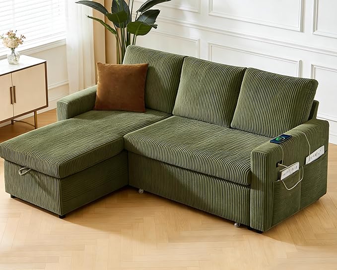 WEUP 82 L Shaped Sectional Sleeper Sofa Bed with Pull Out Bed Sectional Sleeper Couch Pull Out Couch with Reclining Backrest/Reversible Storage Chaise/USB Ports/Tool-Free Assembly Corduroy Green
