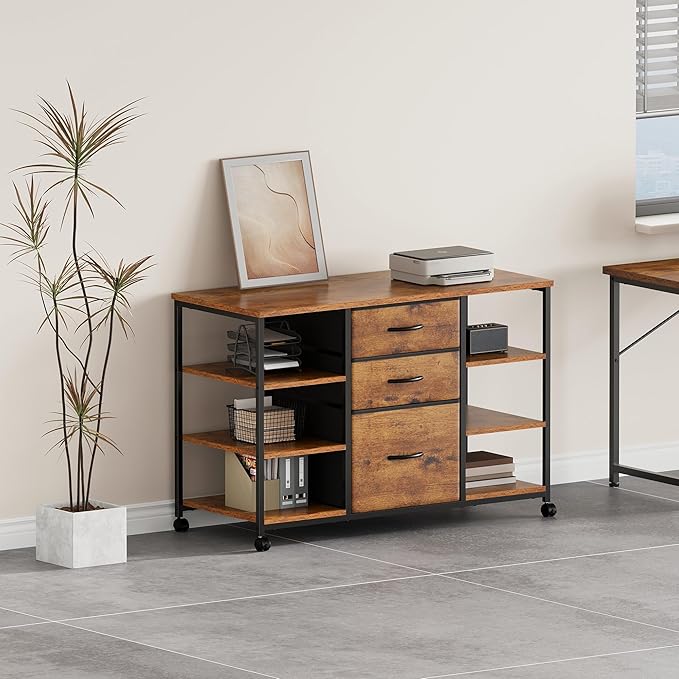 Mobile File CabinetLateral Filing Cabinet with 3 Fabric DrawersRolling Printer Stand with 4 Open Storage Shelf for Home OfficeRustic Brown