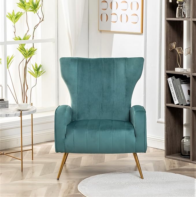 Modern Velvet Accent Chair Channel Tufted Bedroom Office or Living Room Furniture with Elegant Metal Legs 26 Wide Armchair Teal