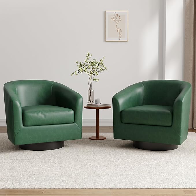 Lumibee Faux Leather Swivel Barrel Chairs Set of 2 Upholstered Comfy Round Swivel Accent Chair 360° Rotation Single Sofa Club Armchair for Living Room Reading Room Bedroom Green