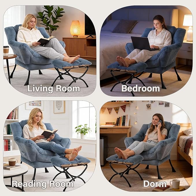Lazy Chair with Folding Ottoman Modern Accent Armchair with Armrests and a Side Pocket &amp Foldable Footstool Reading Chair for Living Room Bedroom &amp Dorm Plush Light Blue