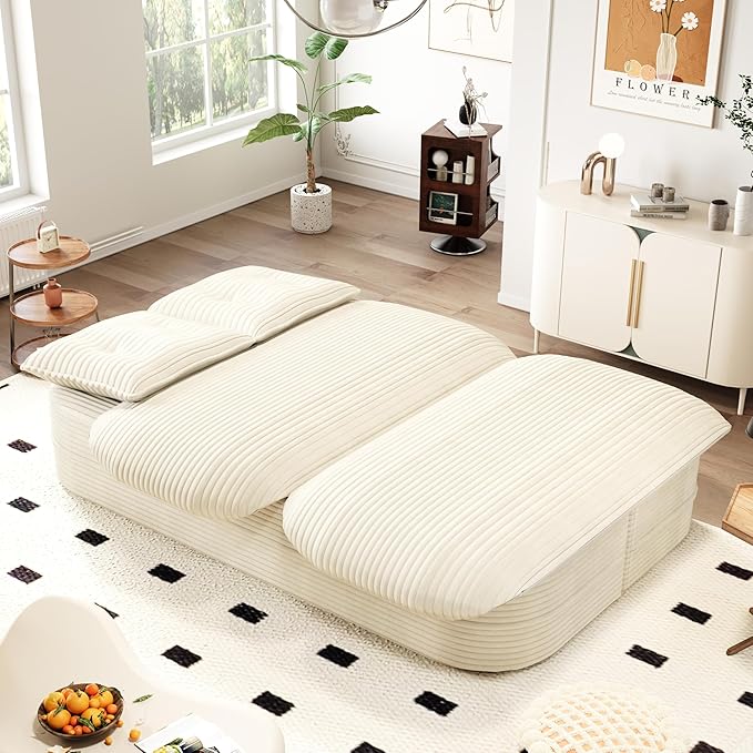 78.7 Folding Futon Corduroy Sleeper Sofa Bed Convertible Floor Boneless Sofa Full Size Compression Loveseat with 2 Pillows No Assembly 2-in-1 Foldable Couch for Living Room (Beige)