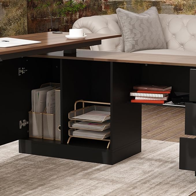 Homsee Home Office L Shaped Electric Standing Desk with Drawers and Shelves Height Adjustable Stand up Desk 63 Computer Executive Corner Table Walnut &amp Black