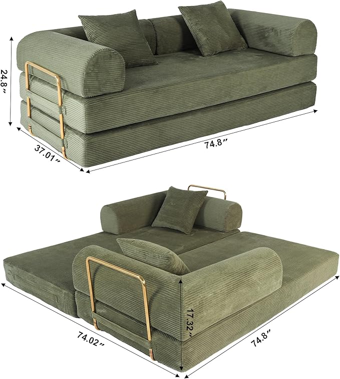 Foldable Sofa Bed 75 Inch Boneless Couch Convertible Memory Foam Sleeper Sofabed Floor Mattress with 2 Pillows Microfiber Cloud Sofa for Living Room Apartment No Assembly (Green)