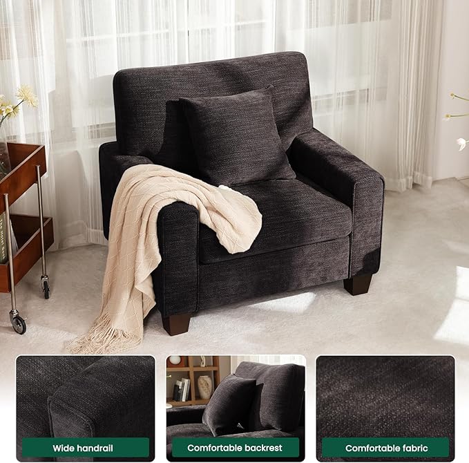 DOPEDIO Fabric Single Sofa Living Room Accent ChairDetachable Sofa Cover Comes with Decorative Pillows Spring Cushion and Solid Wood Frame Easy to Install (40inch Dark Grey)