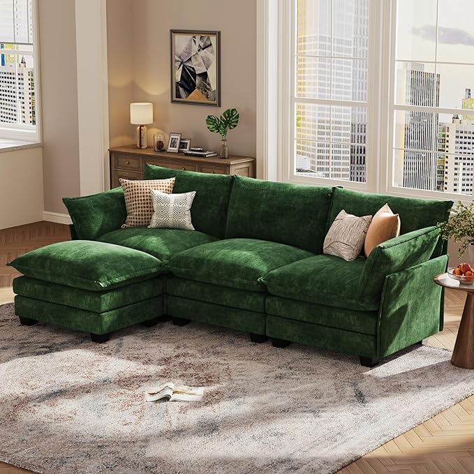 KKL 91.3 Modular Sectional Sofa L-Shaped 4 Seater Cloud Couch with Ottoman Chenille Modern Sectional Couches for Living Room Apartment Green