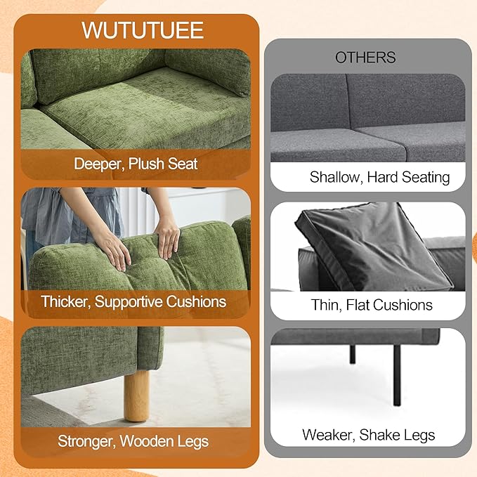 65 Chenille Modern Loveseat Sofa Upholstered 2-Seater Love Seat Couch with Armrest Pillows Storage Pockets Easy Assembly Tufted Loveseat Couches for Living Room Bedroom Green