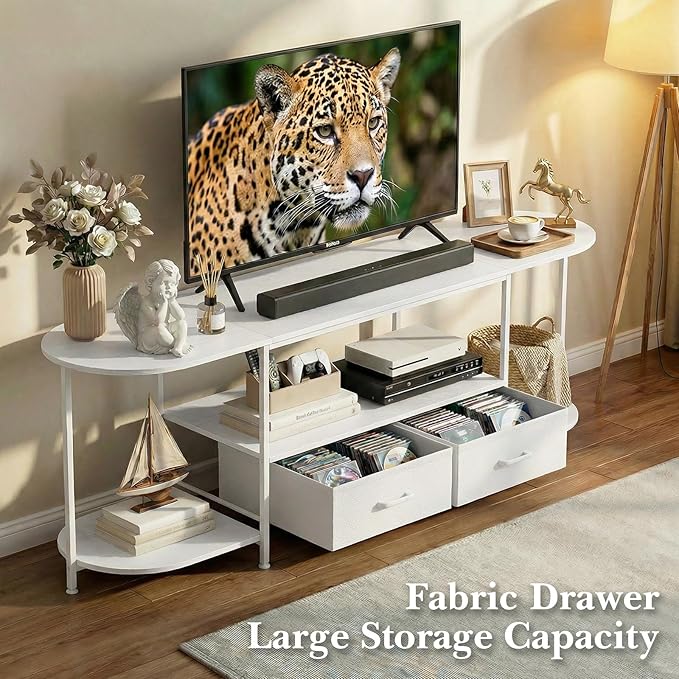 63 TV Stand for TVs up to 75 Inches Curved Edge Media Console &amp Entertainment Center with 2 Fabric Drawers Modern TV Console Table for Living Room or Bedroom White
