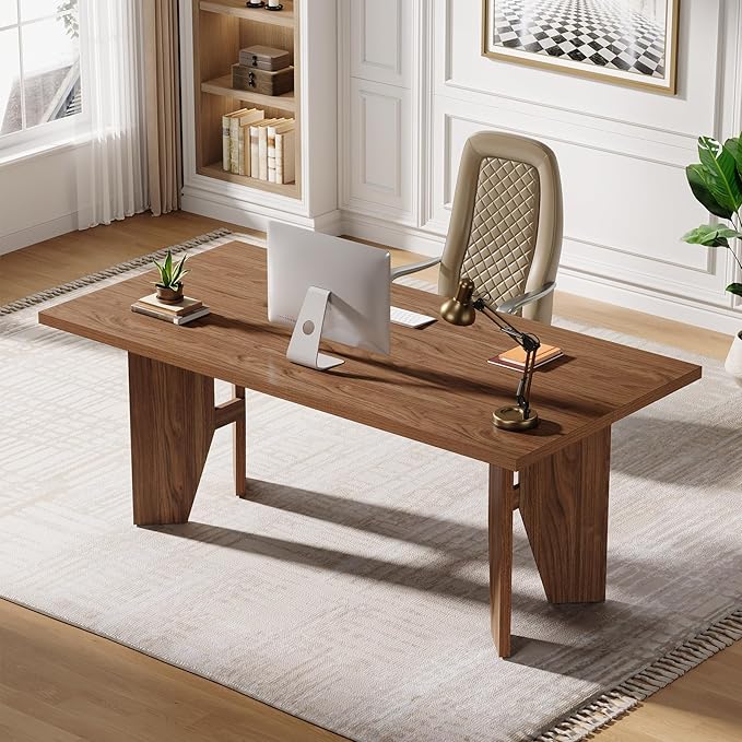 Tribesigns 63 Executive Desk Mid-Century Modern Office Computer Desk with Sturdy Legs Large Wooden Workstation Writing Table Farmhouse Business Furniture for Home Office Brown