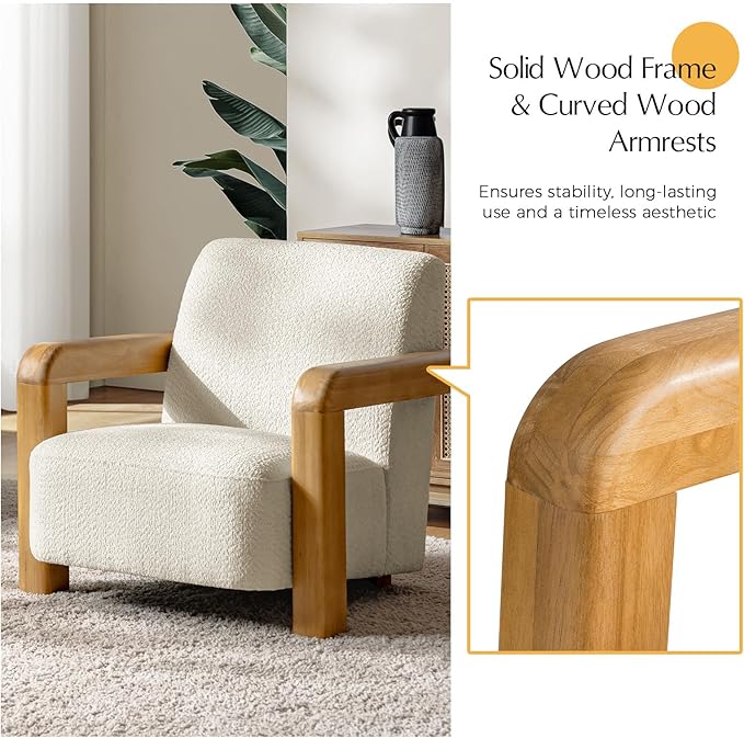 HULALA HOME Boucle Accent Chair Modern Low-Profile Leisure Armchair with Thick Padded Seat Cushion Solid Wood Frame &amp Curved Armrests Ideal for Living Room/Bedroom/Reading Corner(Beige Set of
