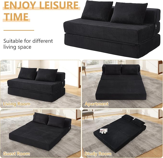 Folding Sofa Bed Full Size Modern Corduroy Floor Boneless Loveseat Couch Bed with 2 Pillows Comfy 3 in 1 Convertible Sleeper Sofa for Living Room Apartment Dorm Small Space Black