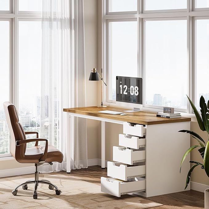 Tribesigns Modern Simple Computer Desk 47 Inches PC Desk with 5 Reversible Drawers Rustic Brown Study Writing Table Workstation for Home Office Small Spaces (Walnut+White)