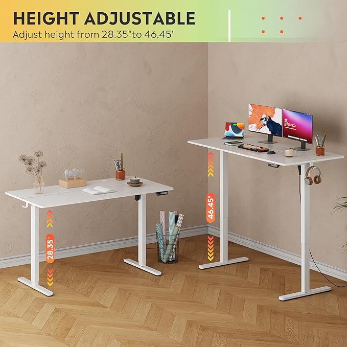 DEVAISE 55 x 28 Inches Electric Standing Desk Adjustable Height Stand up Desk 28 Deeper Desktop Sit to Stand Desk with 3 Memory Preset Adjustable Computer Desk for Home Office (White)