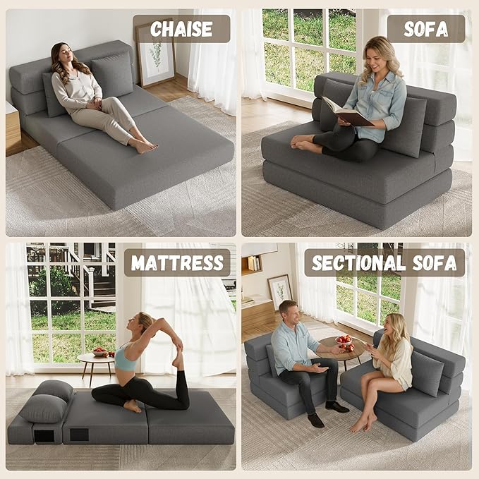 Folding Sofa Bed Convertible Sleeper Chair &amp Couch Bed with Pillow One-Piece High-Density Sponge Mattress Multi-Purpose Floor Sofa for Living Room Office Dorm Apartment Grey Single