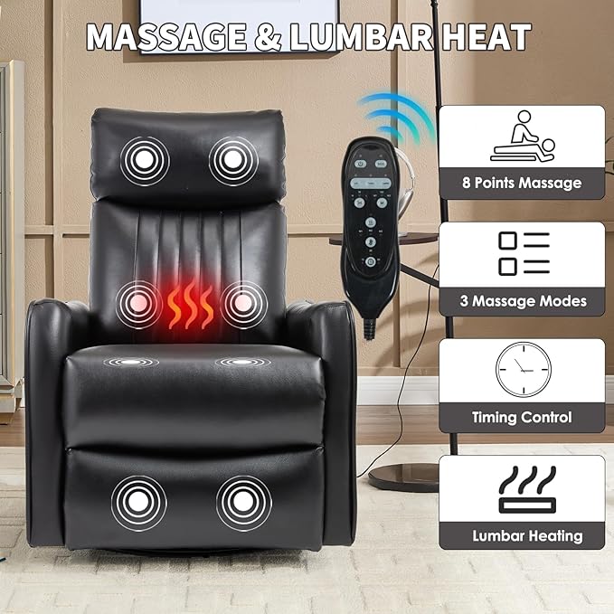 Swivel Rocker Recliner Chair 360° Swivel Recliner with Heat and Massage Rocker Recliner Nursery Glider Chair with Side Pockets for Living Room (Black Faux Leather)