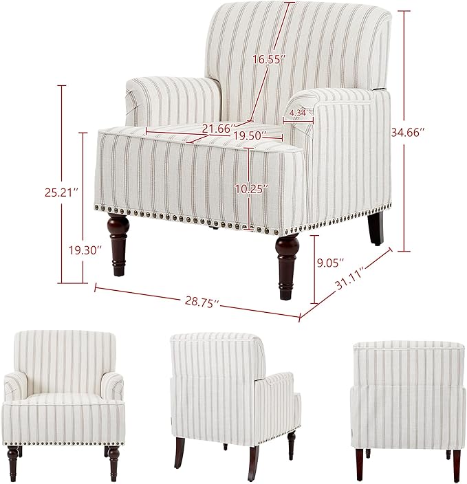 Accent Chair Mid Century Modern Comfy Armchair for Living Room Linen Fabric Single Sofa Lounge for Reading Bedroom Apartment Waiting Room with Wood Legs (Pinstripe Light Brown Set of 1)