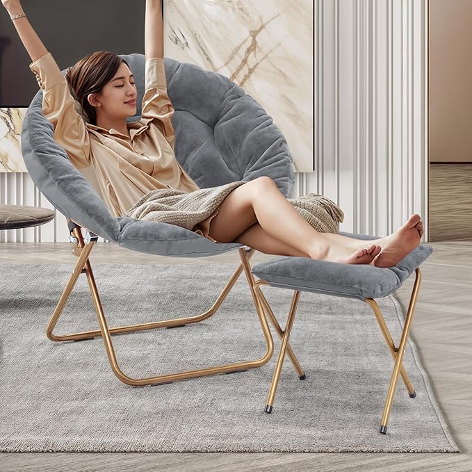 MoNiBloom Round Folding Faux Fur Saucer Chair for Bedroom Living Room Dorm Foldable Metal Frame Oversized Large Comfy Furry Padded Soft Cozy Moon Chair with Footrest Ottoman for Adults (Gray)