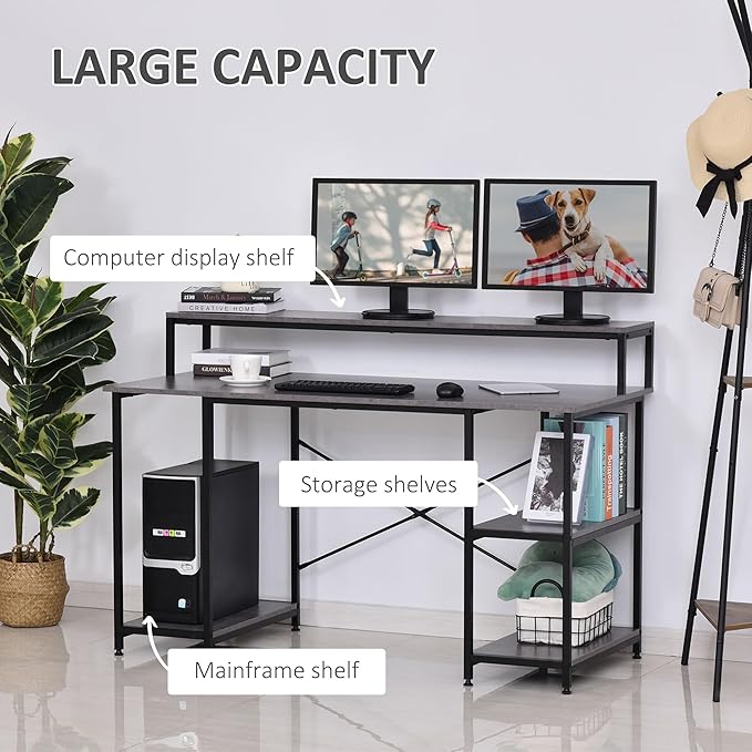 55 Inch Home Office Computer Desk Study Writing Workstation with Storage Shelves Elevated Monitor Shelf CPU Stand X Shaped Construction Grey Wood Grain