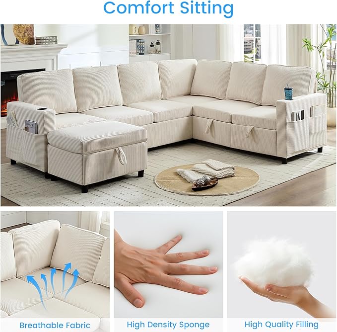 PUREMIND 100 Sectional Sleeper Sofa with Pull Out Bed U Shaped Modular Sectional Sofa with Storage Chaise Corduroy Cloud Sofa Bed with Cup Holders for Living Room Bedroom Apartment Beige
